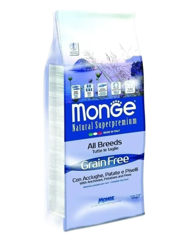 Monge cane grain free all breeds acciughe patate e piselli 12 kg  
