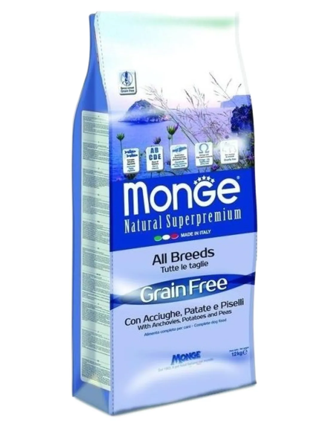 Monge cane grain free all breeds acciughe patate e piselli 12 kg  
