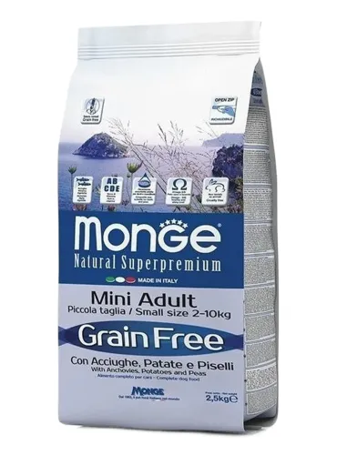 Monge cane grain free mini adult acciughe patate e piselli 2,5 kg