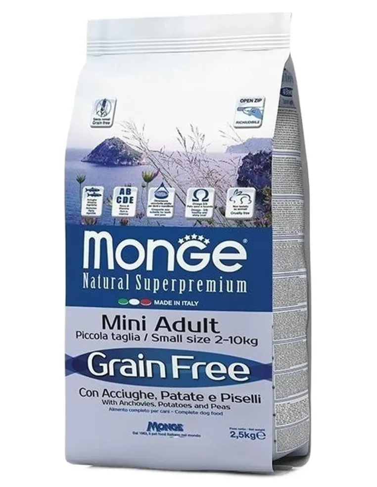 Monge cane grain free mini adult acciughe patate e piselli 2,5 kg  