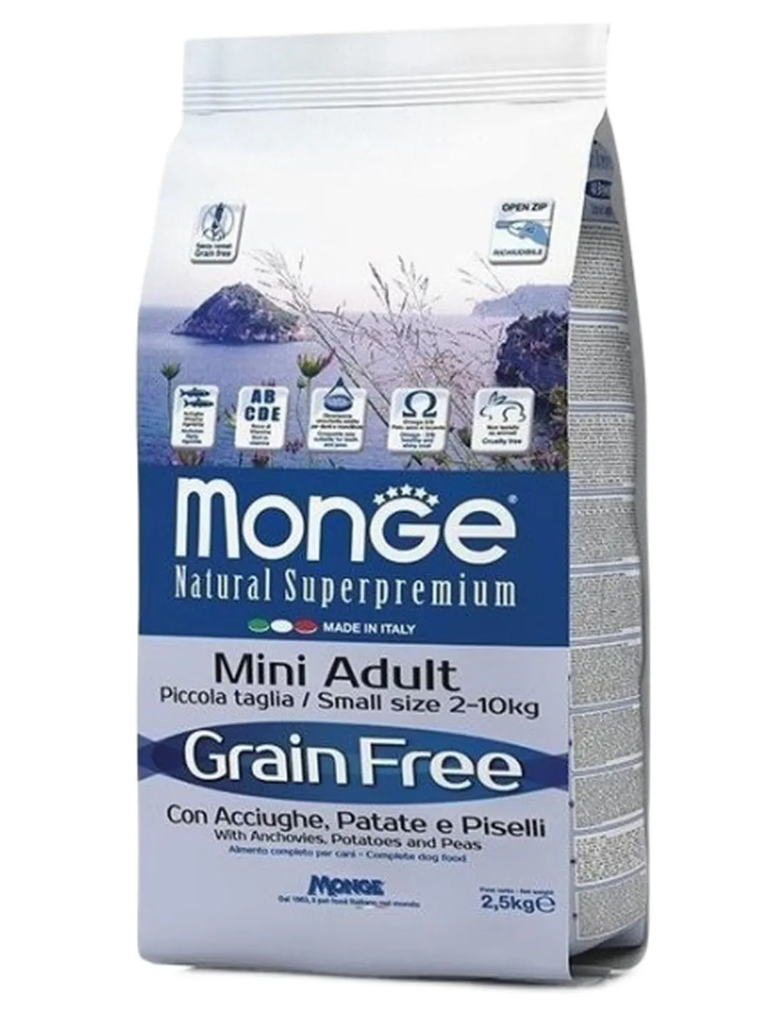 Monge cane grain free mini adult acciughe patate e piselli 2,5 kg  