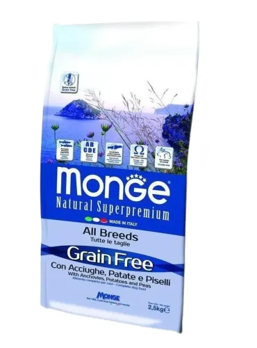 Monge cane grain free all breeds acciughe patate e piselli 2,5 kg  