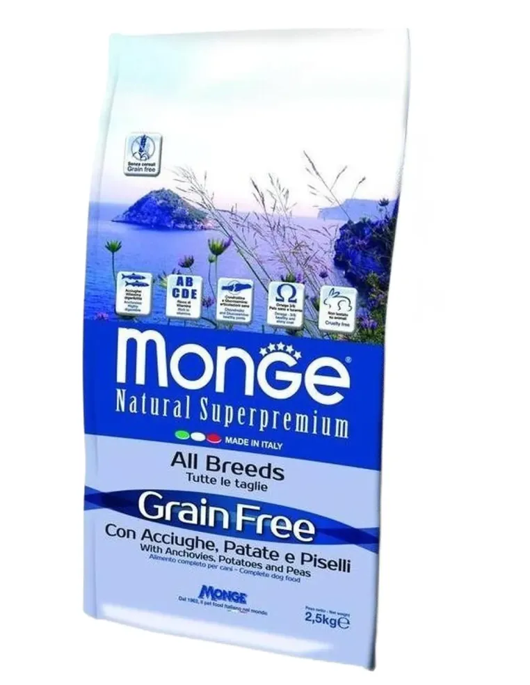 Monge cane grain free all breeds acciughe patate e piselli 2,5 kg  