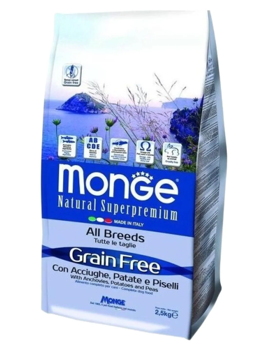 Monge cane grain free all breeds acciughe patate e piselli 2,5 kg  
