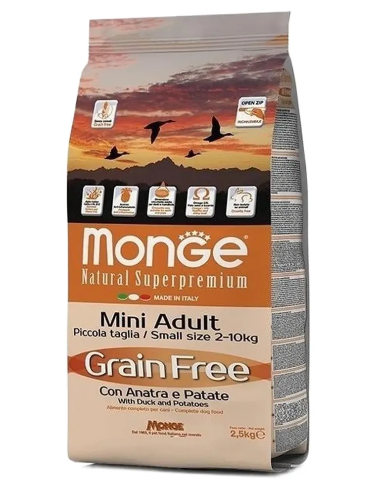 Monge cane grain free mini adult anatra e patate 2,5 kg  