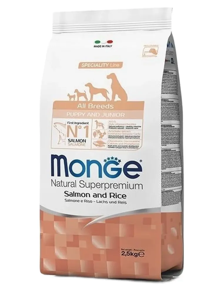 Monge cane puppy e junior all breeds salmone e riso 2,5 kg  