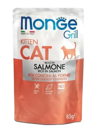 Monge gatto grill kitten bocconcini ricco in salmone busta 85 gr  