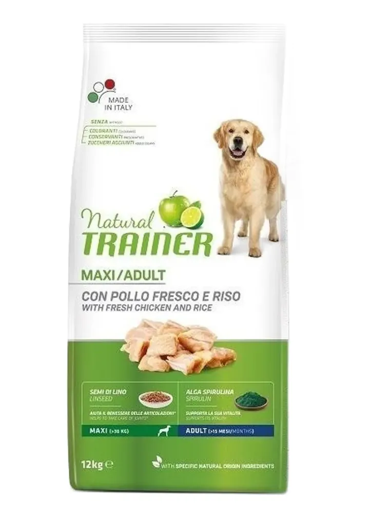 Natural trainer cane adult maxi con pollo fresco e riso 12 kg  