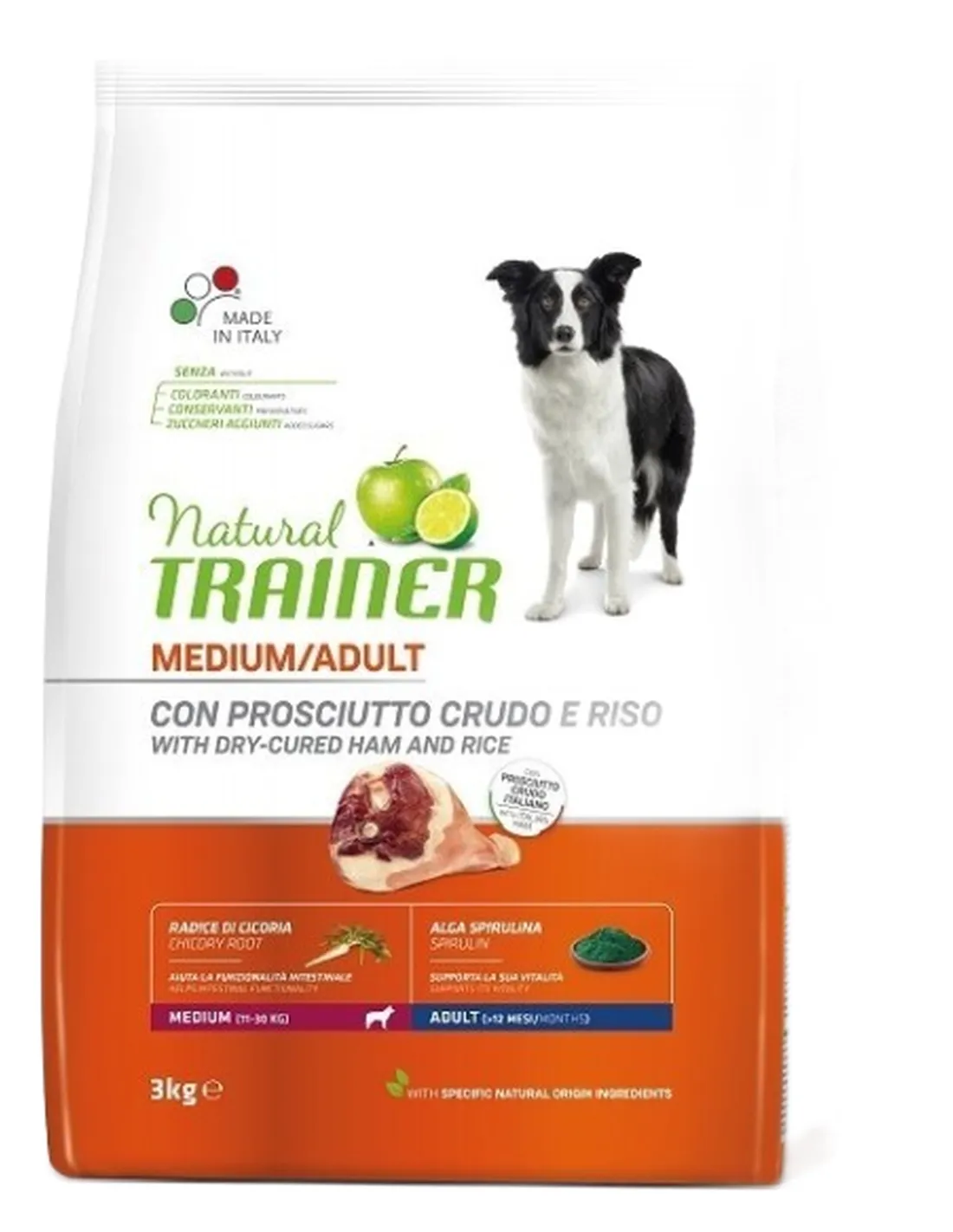 Natural trainer cane Adult Medium con Prosciutto crudo e riso 3 kg   Natural trainer cane Adult Medium con Prosciutto crudo e riso 3 kg