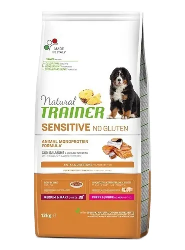 Natural Trainer sensitive cane no gluten medium e maxi puppy e junior salmone 12 kg