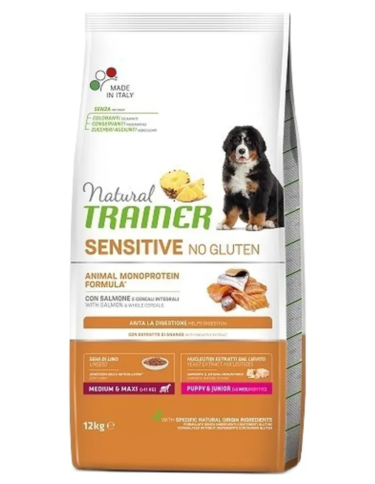 Natural Trainer sensitive cane no gluten medium e maxi puppy e junior salmone 12 kg  