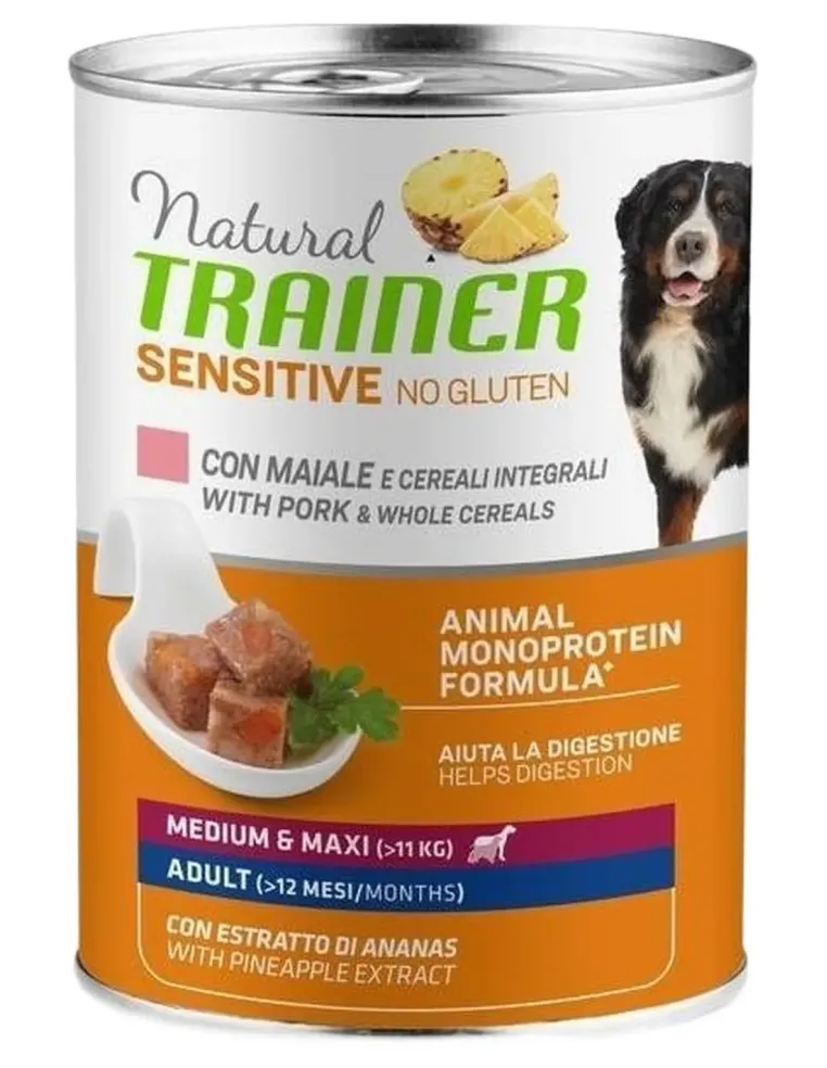 Natural trainer Sensitive no gluten cane medium e maxi Adult maiale e cereali integrali 400 g  