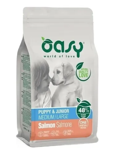 Oasy cane puppy e junior one protein medium e large salmone 12 kg