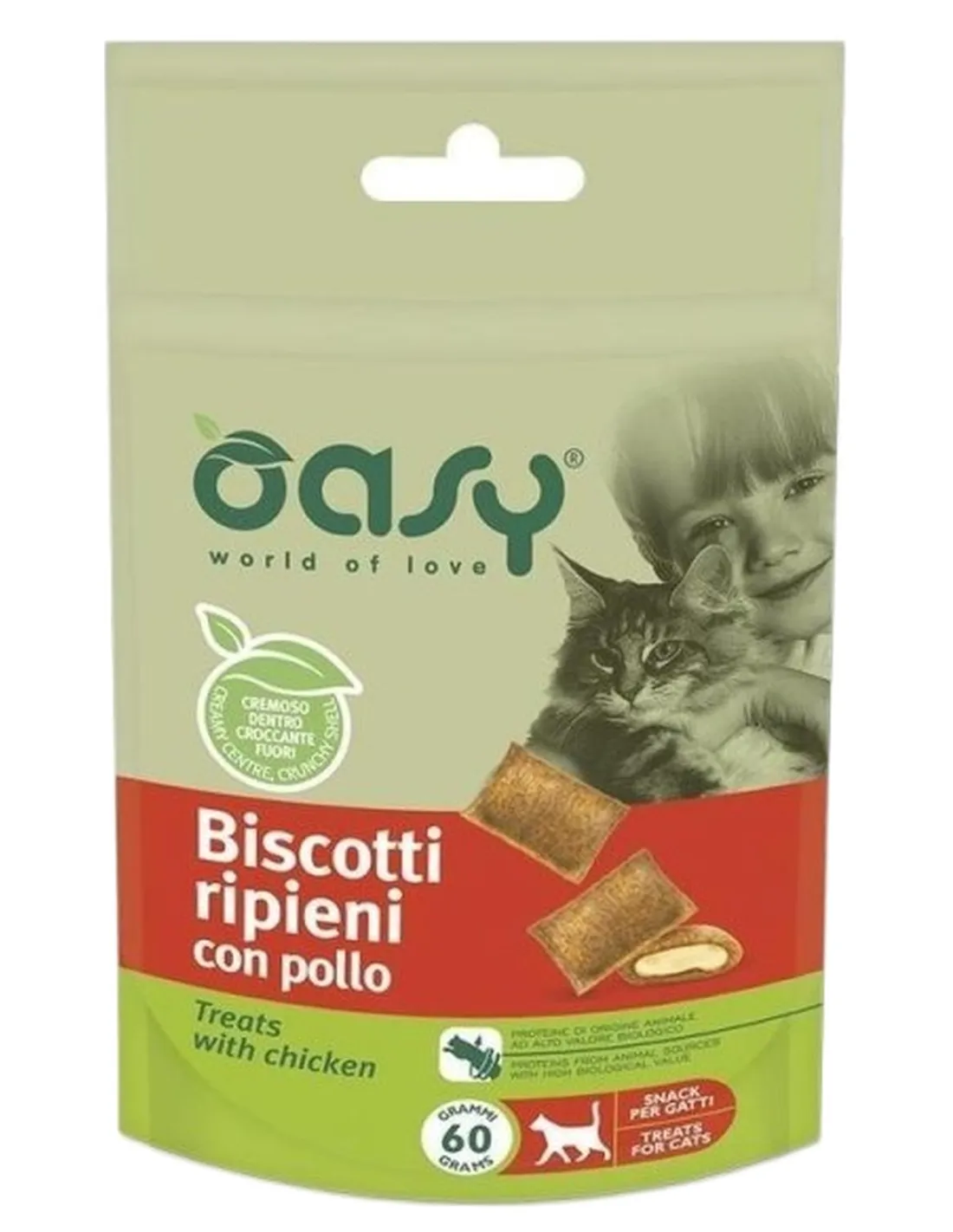 Oasy snack gatto biscotti ripieni con pollo 60 gr   Oasy snack gatto biscotti ripieni con pollo 60 gr