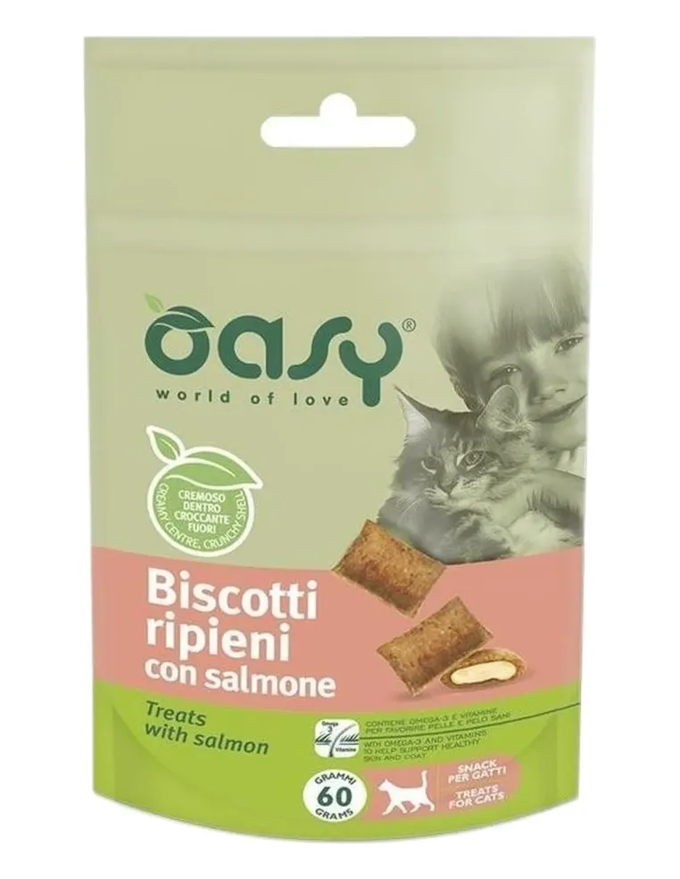 Oasy snack gatto biscotti ripieni con salmone 60 gr  