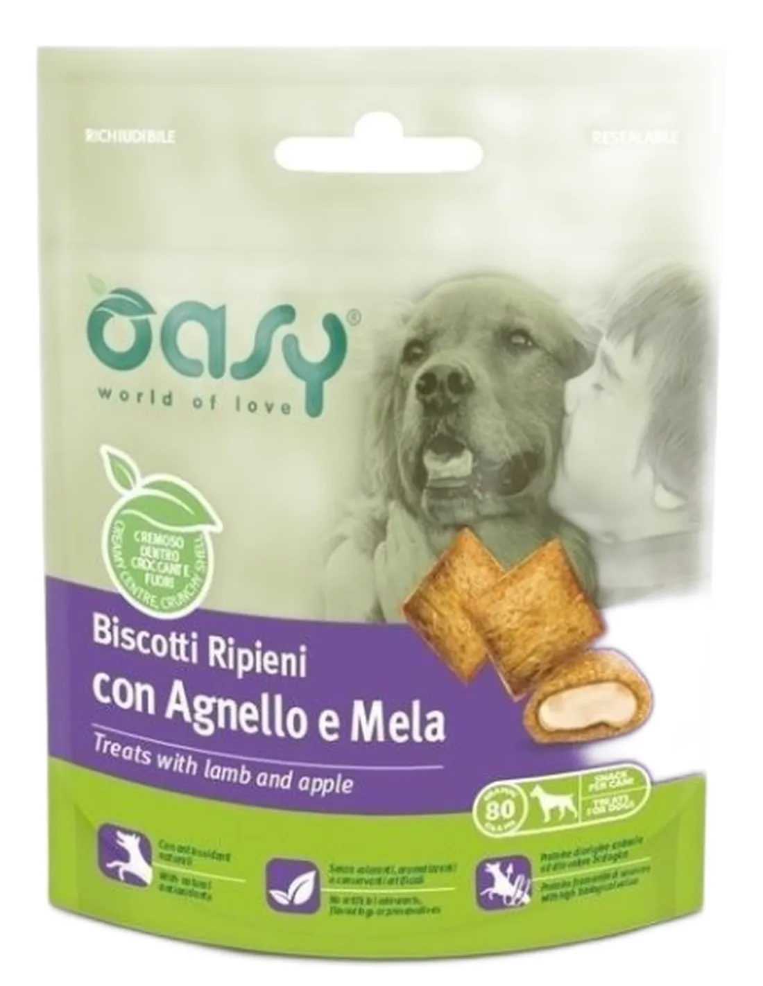 Oasy snack cane biscotti ripieni con agnello e mela 70 gr   Oasy snack cane biscotti ripieni con agnello e mela 70 gr