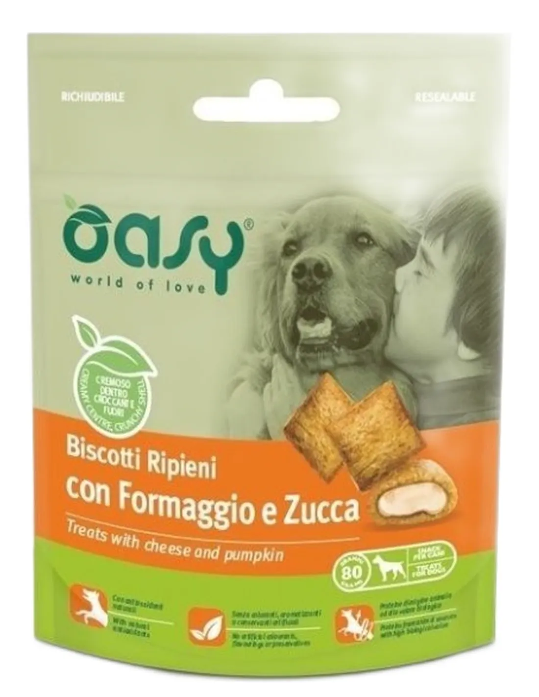 Oasy snack cane biscotti ripieni con formaggio e zucca 70 gr  