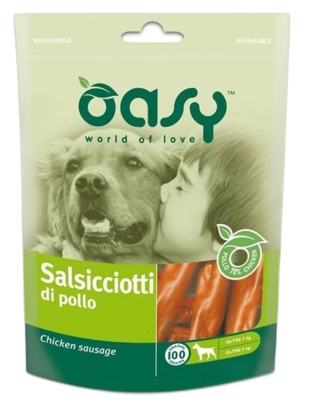 Oasy snack cane salsicciotti di pollo 100 gr   Oasy snack cane salsicciotti di pollo 100 gr