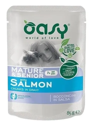 Oasy gatto wet bustina bocconcini mature e senior salmone 85 gr  