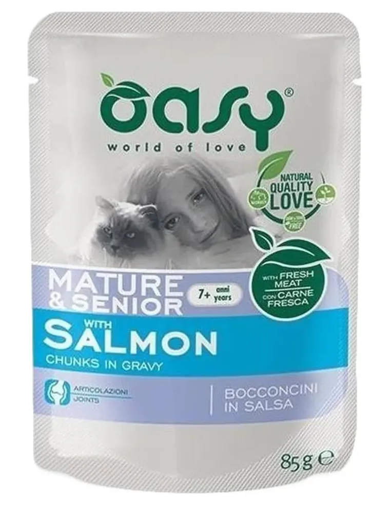 Oasy gatto wet bustina bocconcini mature e senior salmone 85 gr  