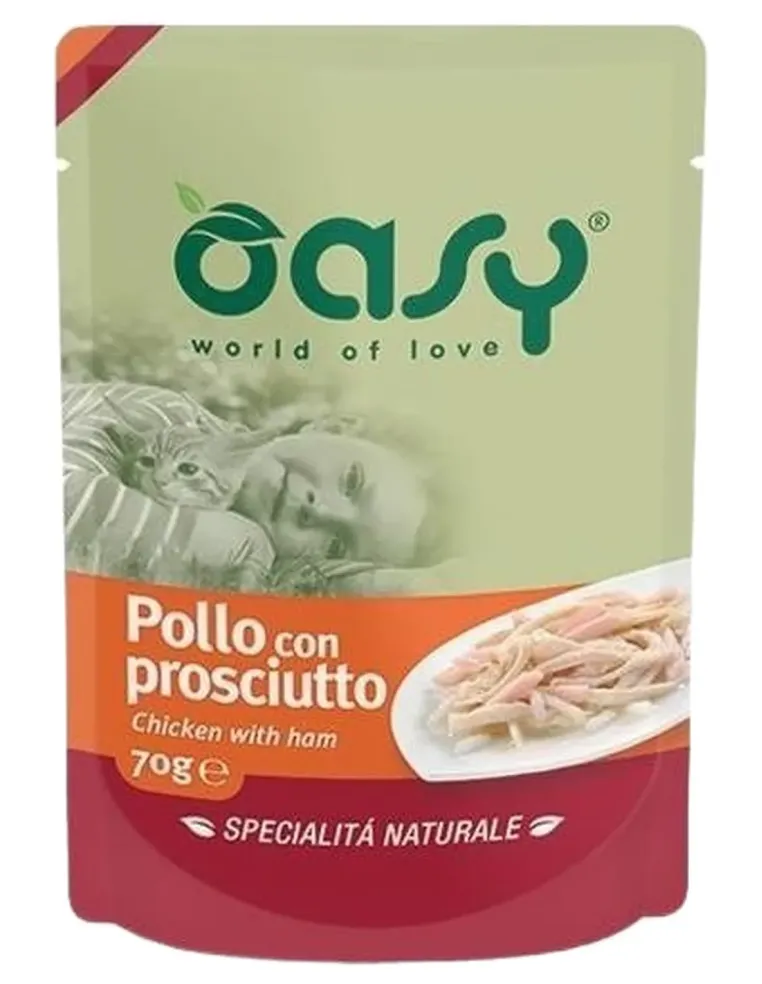 Oasy gatto wet bustina pollo con prosciutto 70 gr  