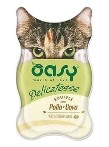 Oasy gatto delicatesse souffle con pollo e uova vaschetta 85 gr