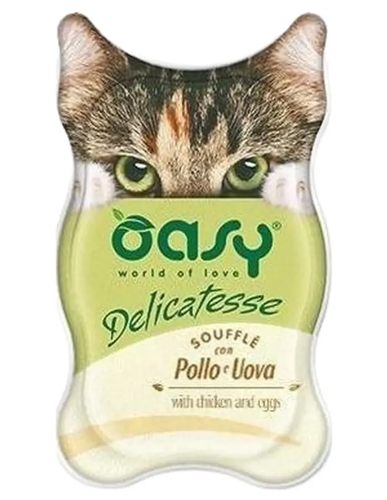 Oasy gatto delicatesse souffle con pollo e uova vaschetta 85 gr  