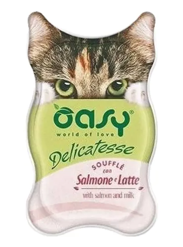 Oasy gatto delicatesse souffle con salmone e latte vaschetta 85 gr  