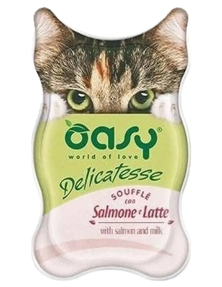 Oasy gatto delicatesse souffle con salmone e latte vaschetta 85 gr  