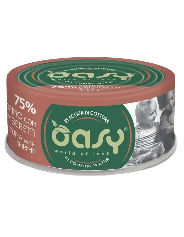 Oasy gatto more love 75% tonno con gamberetti 70 gr  