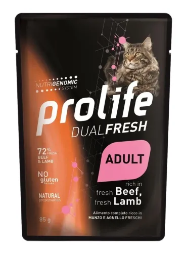 Prolife gatto dualfresh adult manzo e agnello bustine 85 gr  