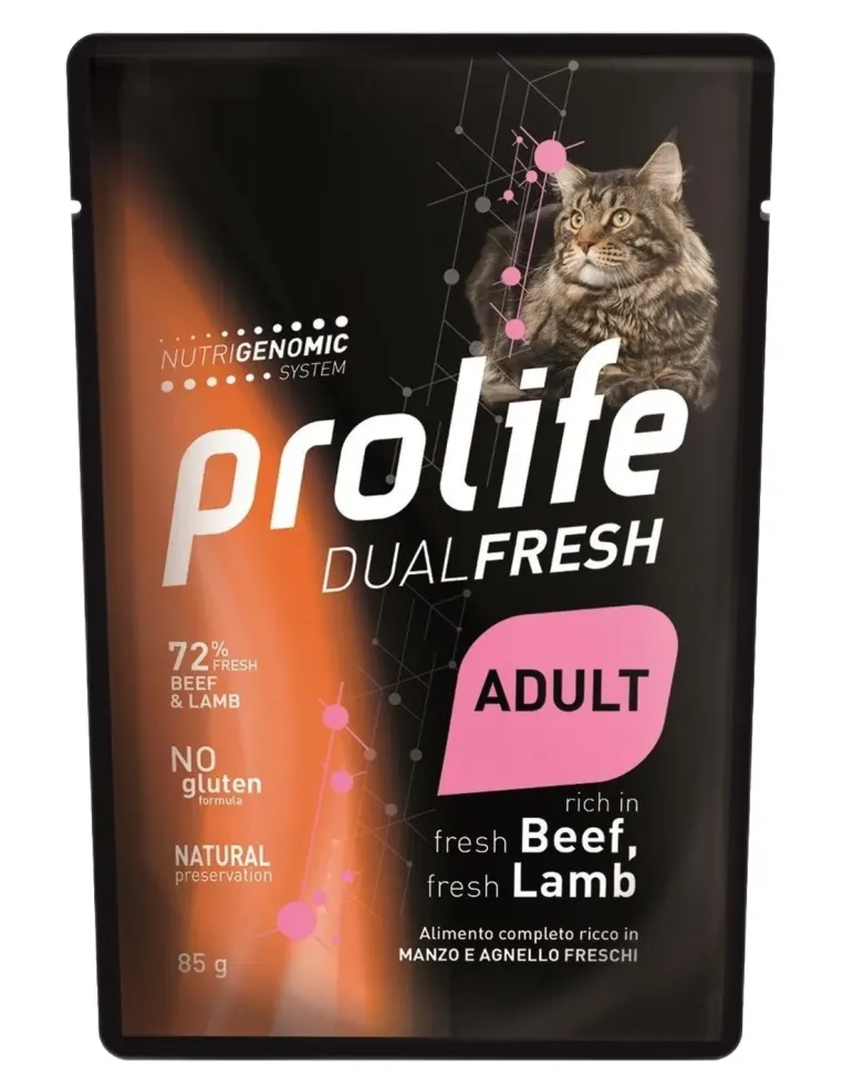 Prolife gatto dualfresh adult manzo e agnello bustine 85 gr  
