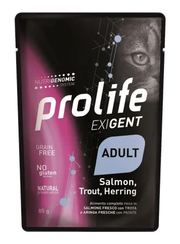 Prolife gatto exigent adult salmone trota aringa e patate bustina 85 gr  