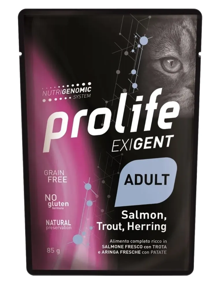 Prolife gatto exigent adult salmone trota aringa e patate bustina 85 gr  