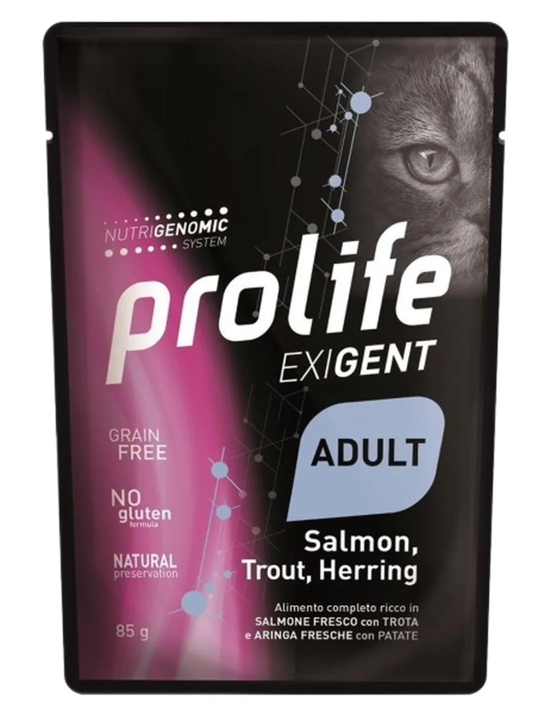 Prolife gatto exigent adult salmone trota aringa e patate bustina 85 gr   Prolife gatto exigent adult salmone trota aringa e patate bustina 85 gr