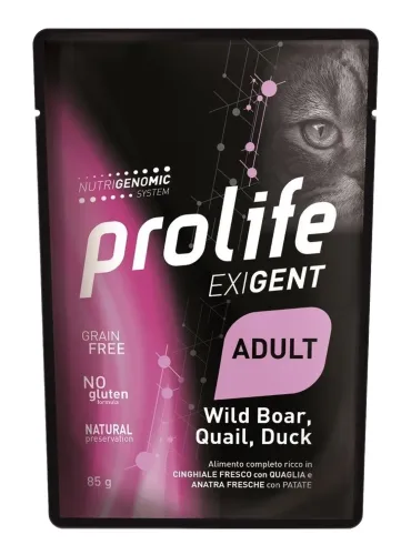 Prolife gatto exigent adult cinghiale quaglia anatra e patate bustina 85 gr  