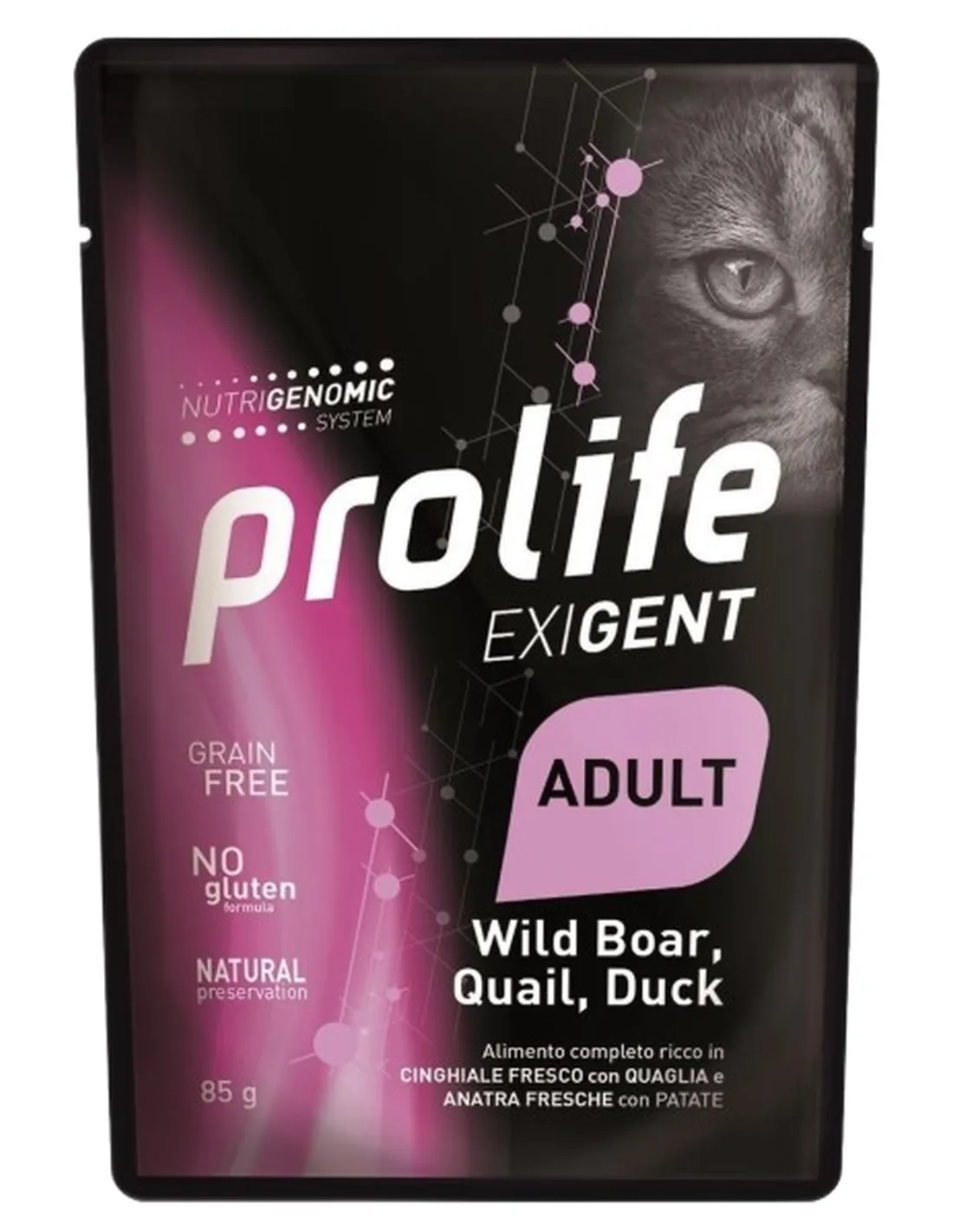 Prolife gatto exigent adult cinghiale quaglia anatra e patate bustina 85 gr  