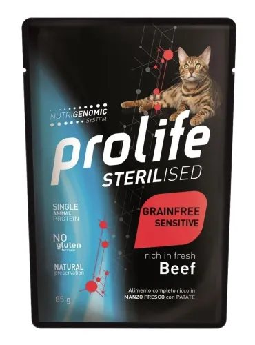 Prolife gatto sterilised adult grainfree sensitive manzo bustina 85 gr  