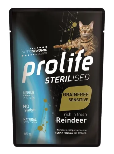 Prolife gatto sterilised adult grainfree sensitive renna bustina 85 gr  