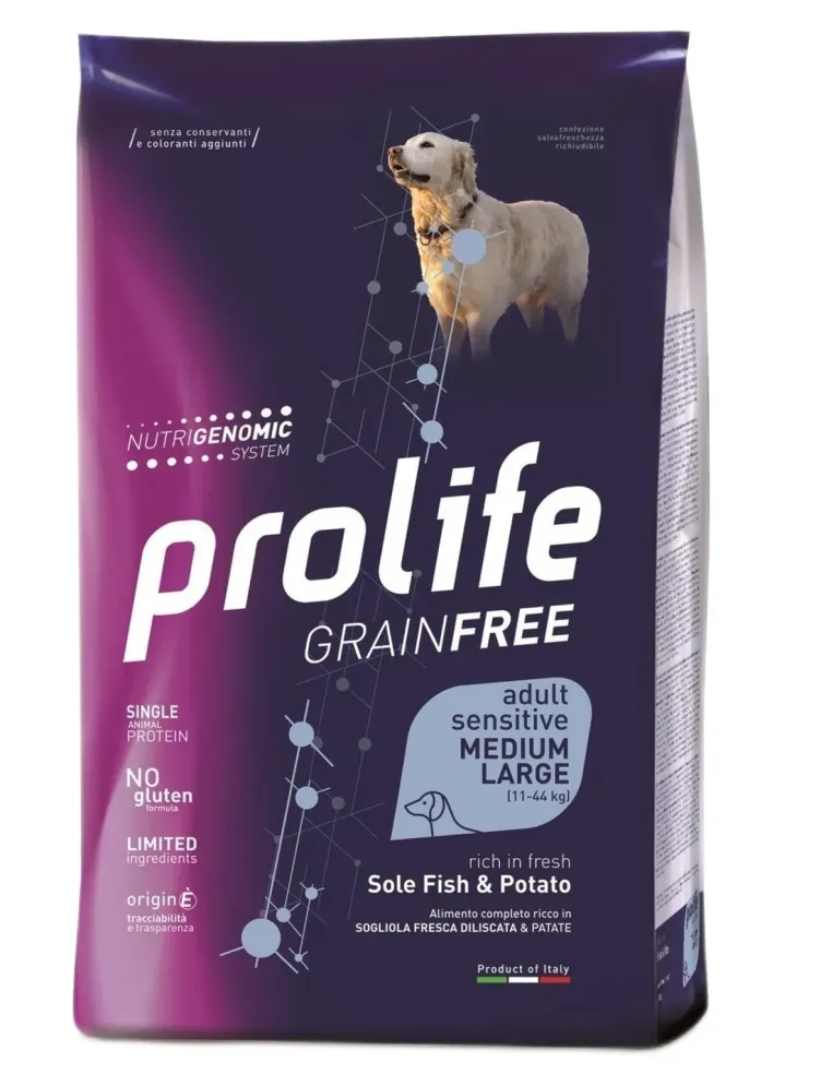 Prolife cane grainfree adult sensitive sogliola e patate medium large 10 kg  