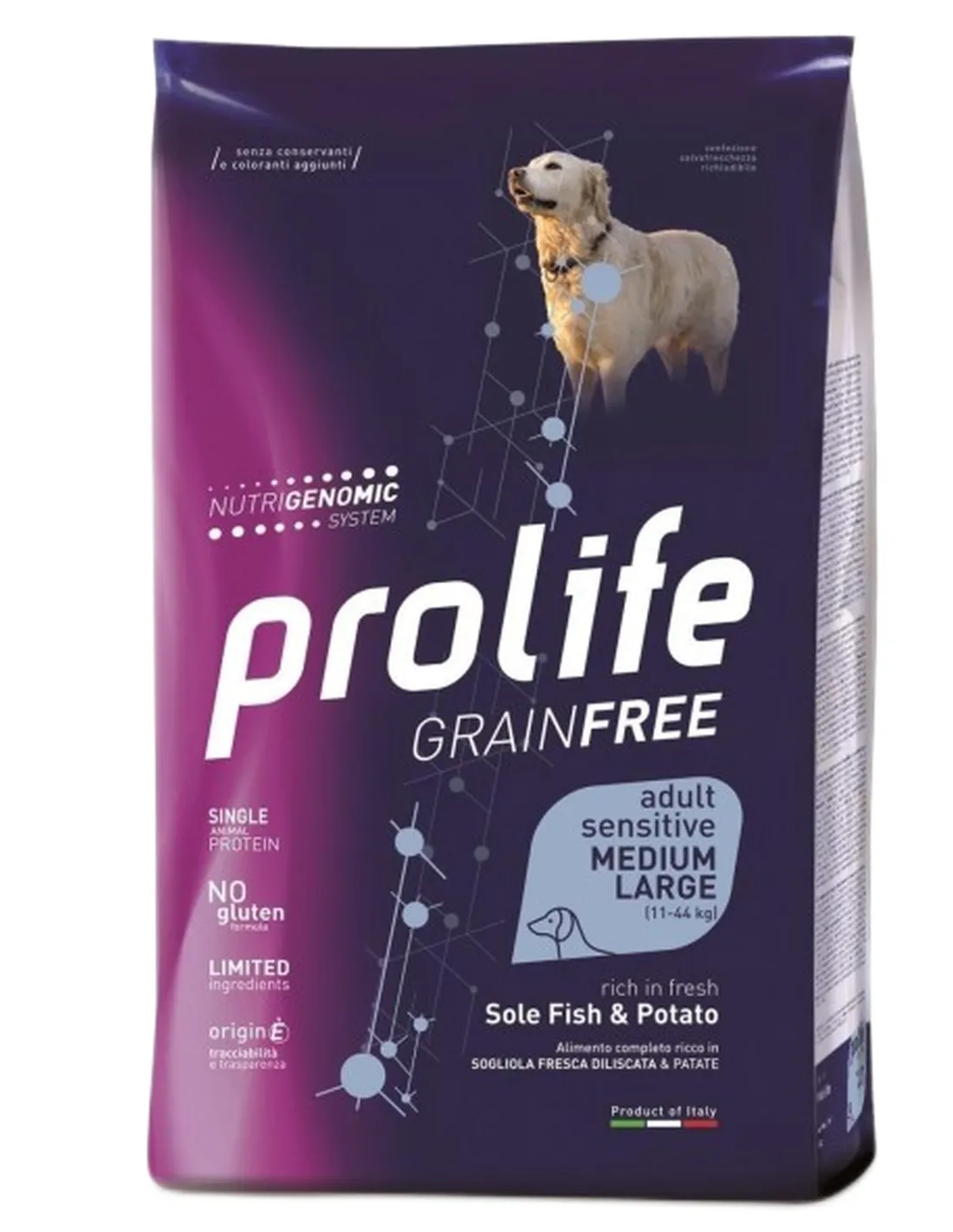 Prolife cane grainfree adult sensitive sogliola e patate medium large 10 kg  