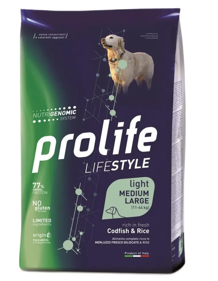 Prolife cane lifestyle light merluzzo e riso medium large 12 kg  