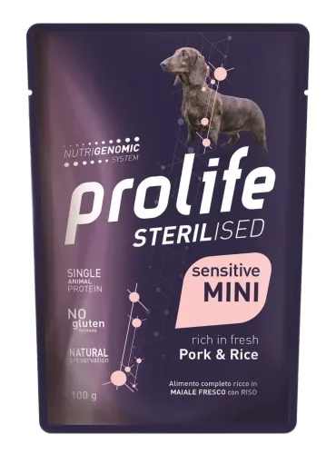 Prolife cane sterilised sensitive adult maiale e riso mini bustina 100 gr  