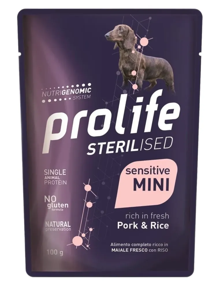 Prolife cane sterilised sensitive adult maiale e riso mini bustina 100 gr  