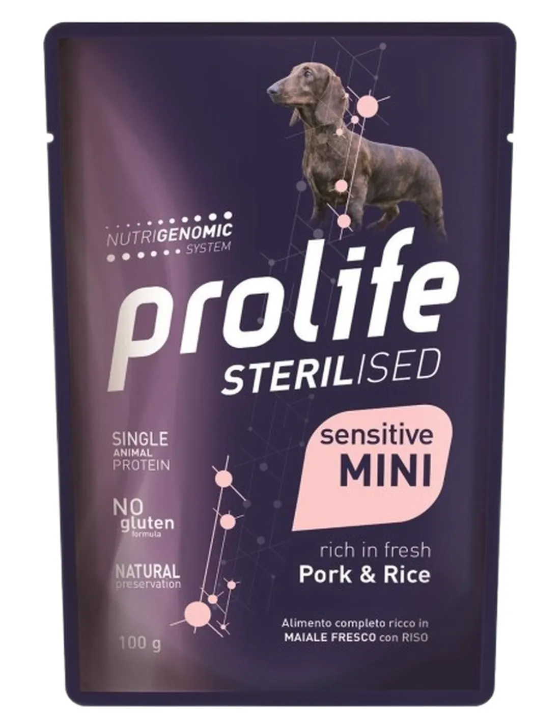 Prolife cane sterilised sensitive adult maiale e riso mini bustina 100 gr  