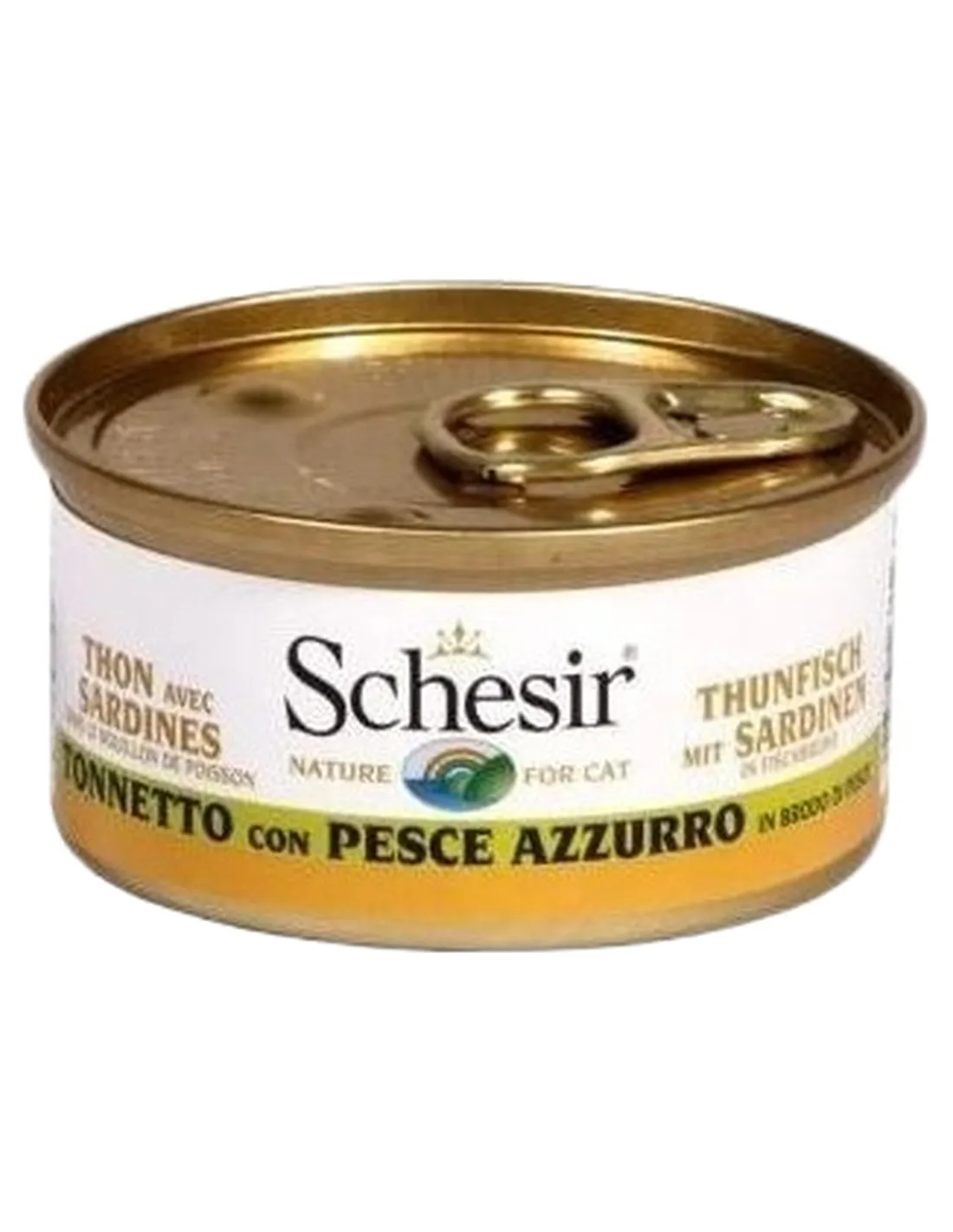 Schesir gatto tonnetto con pesce azzurro in brodo di pesce 70 gr   Schesir gatto tonnetto con pesce azzurro in brodo di pesce 70 gr