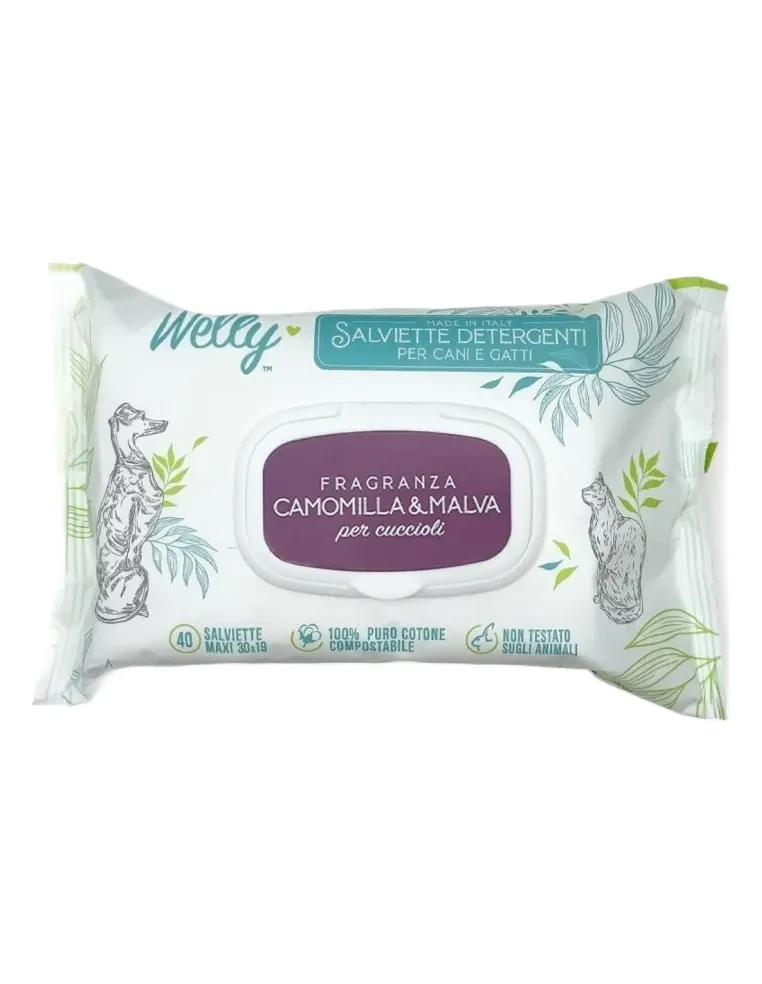 Welly salviette detergenti camomilla e malva per cuccioli 40 pz  