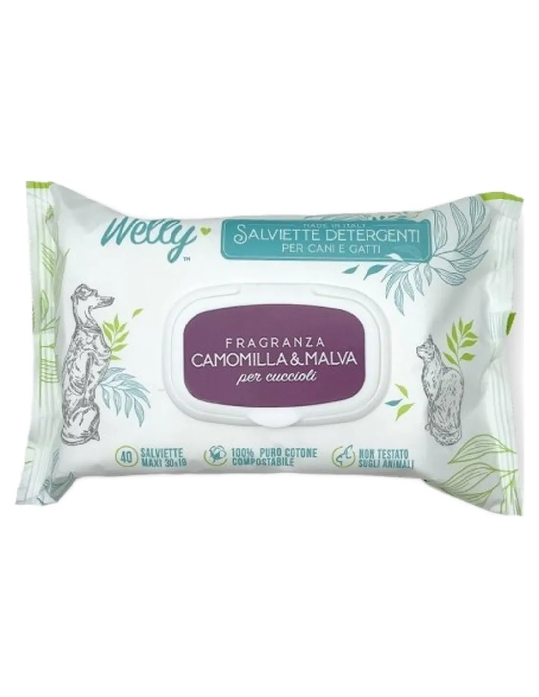 Welly salviette detergenti camomilla e malva per cuccioli 40 pz   Welly salviette detergenti camomilla e malva per cuccioli 40 pz