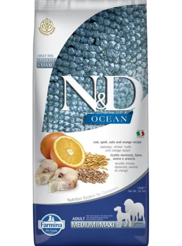Farmina ned ocean low grain adult medium maxi merluzzo farro avena e arancia 12 kg