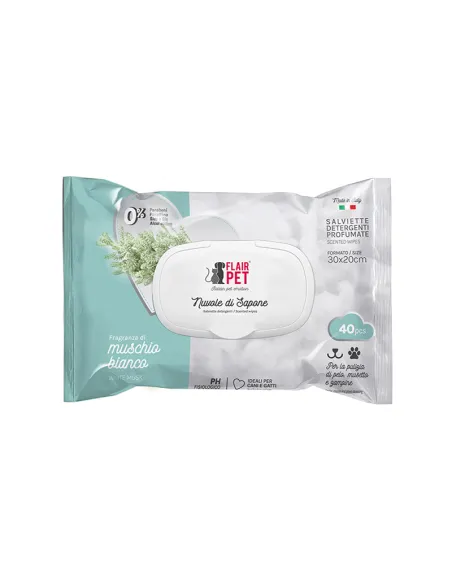 Salviette Nuvole Sapone Muschio Bianco 40 Pezzi per Cani e Gatti